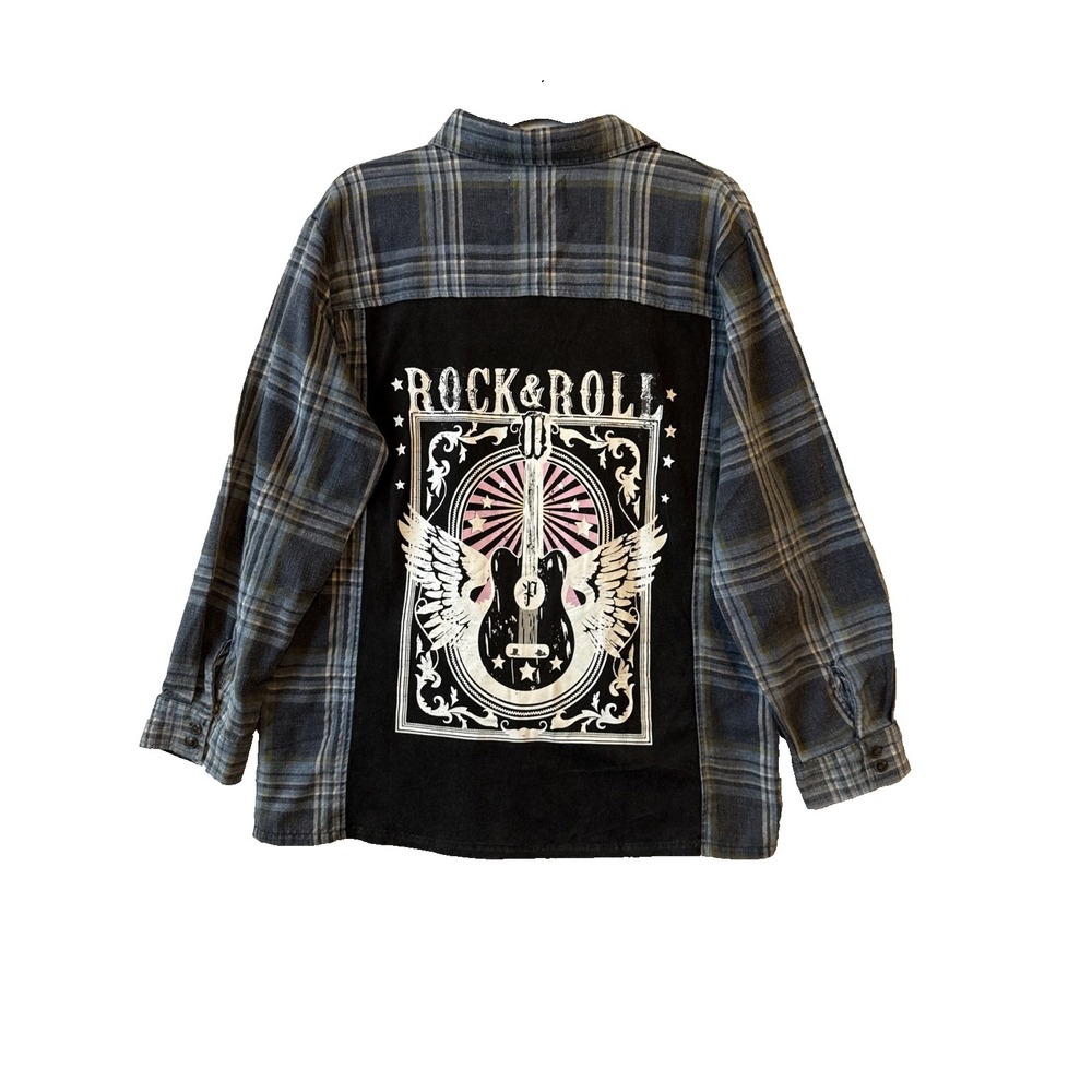 Panache Apparel Rock & Roll‎ Guitar Patch Blue Flannel Button Up L 90s Grunge